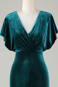 Veludo V-Neck Peacock vestido de dama de honra com babados