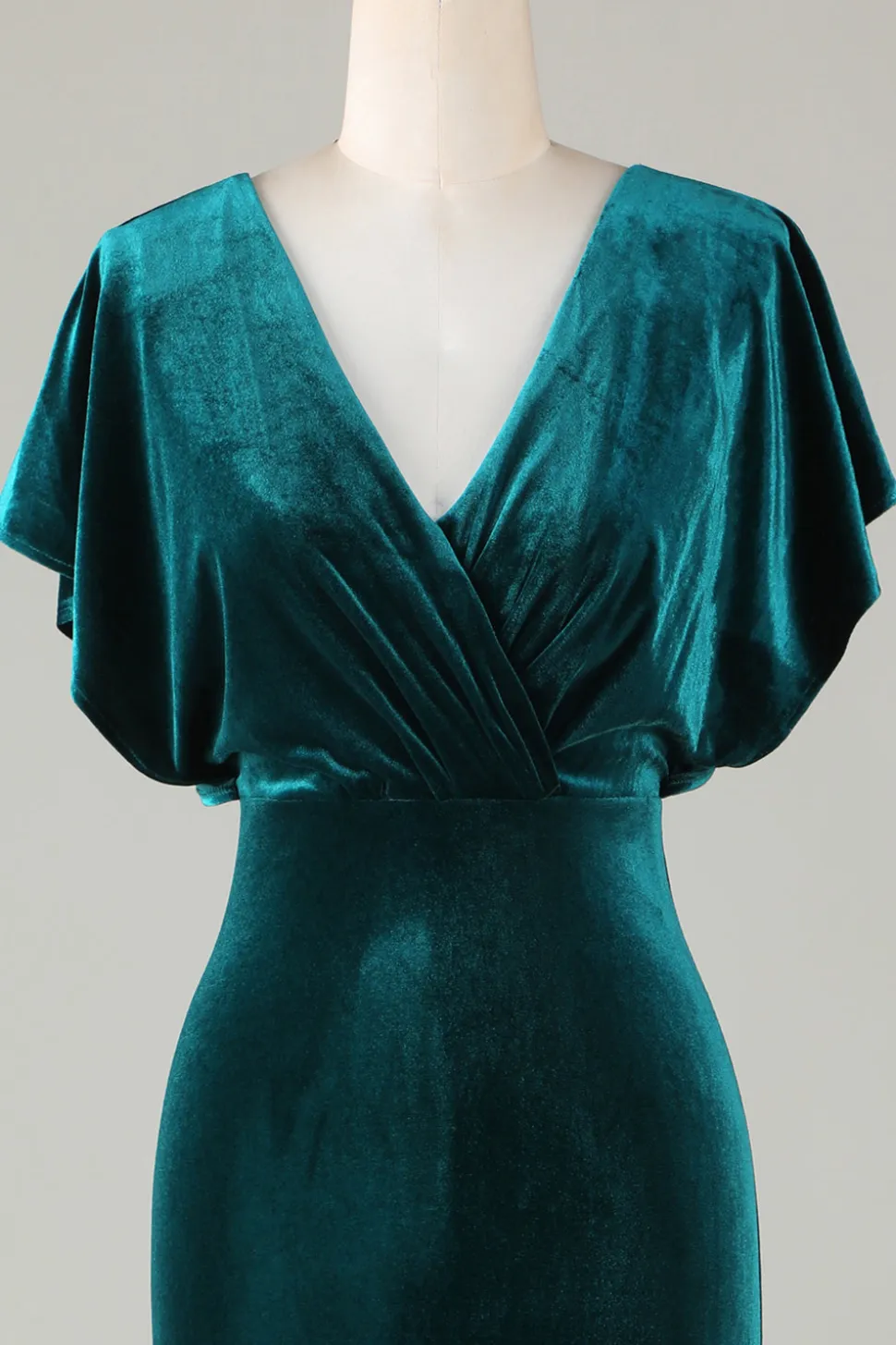 Veludo V-Neck Peacock vestido de dama de honra com babados