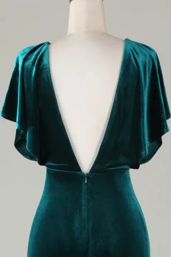 Veludo V-Neck Peacock vestido de dama de honra com babados