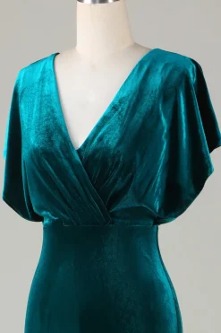 Veludo V-Neck Peacock vestido de dama de honra com babados