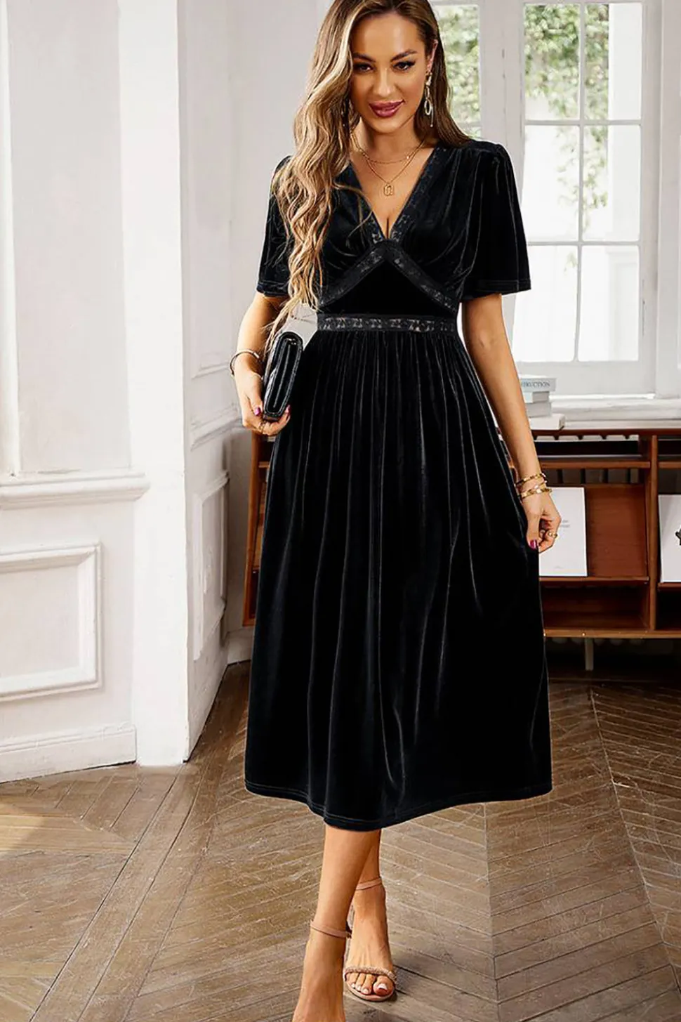 Veludo V-neck Uma linha de vestido de festa de férias