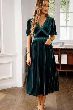 Veludo V-neck Uma linha de vestido de festa de férias