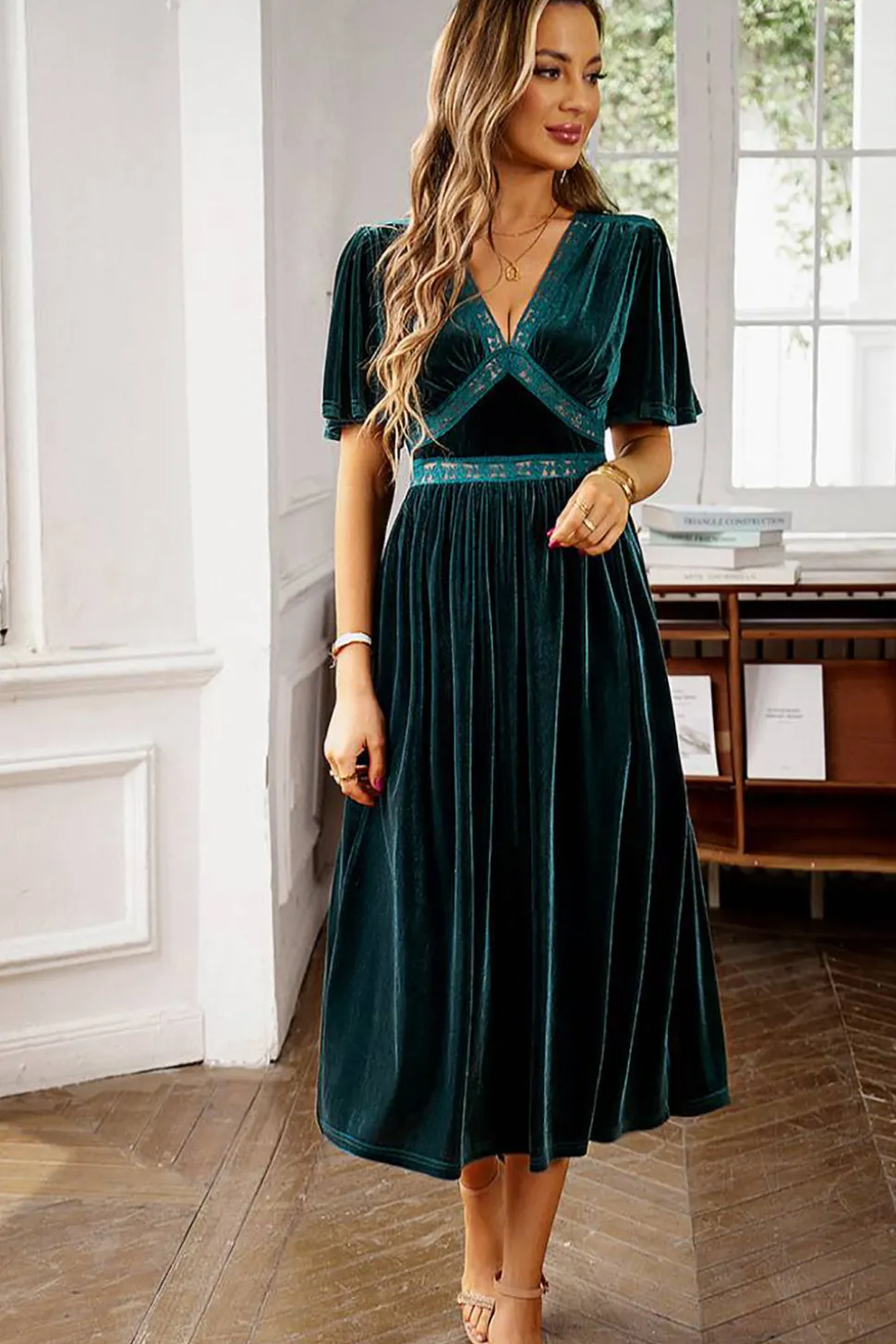 Veludo V-neck Uma linha de vestido de festa de férias