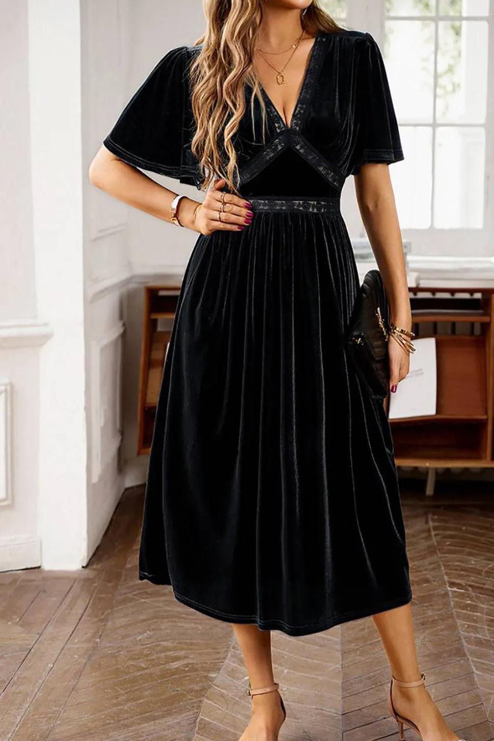 Veludo V-neck Uma linha de vestido de festa de férias