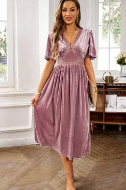 Veludo V-neck Uma linha de vestido de festa de férias