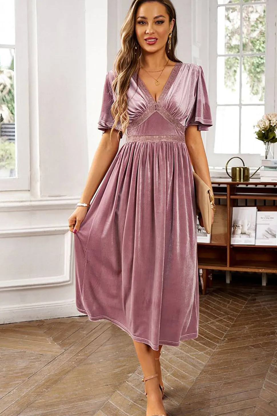 Veludo V-neck Uma linha de vestido de festa de férias