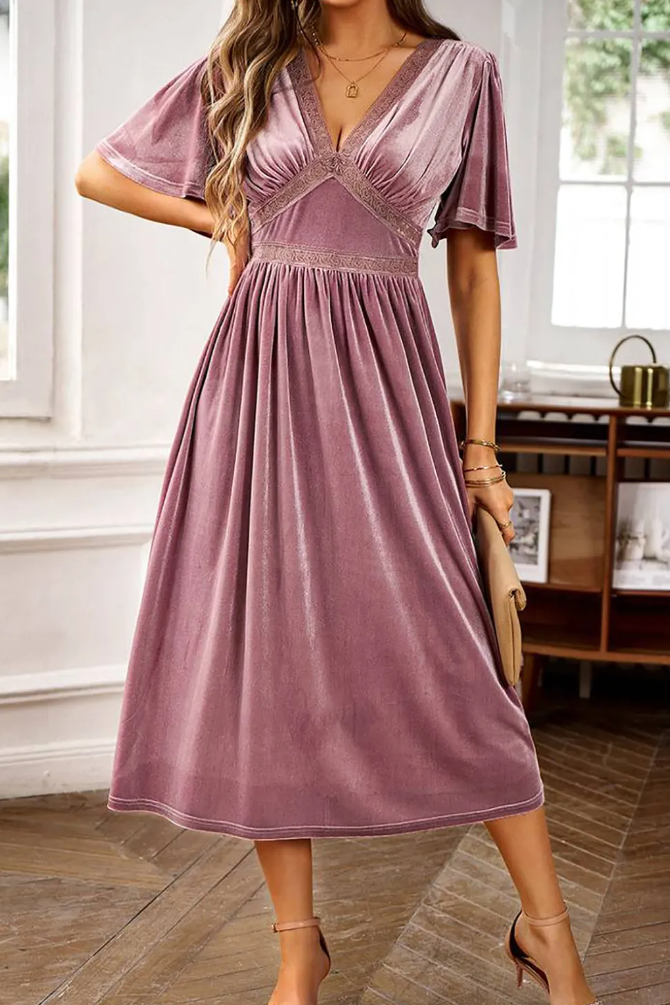 Veludo V-neck Uma linha de vestido de festa de férias