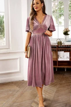 Veludo V-neck Uma linha de vestido de festa de férias