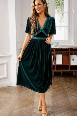 Veludo V-neck Uma linha de vestido de festa de férias