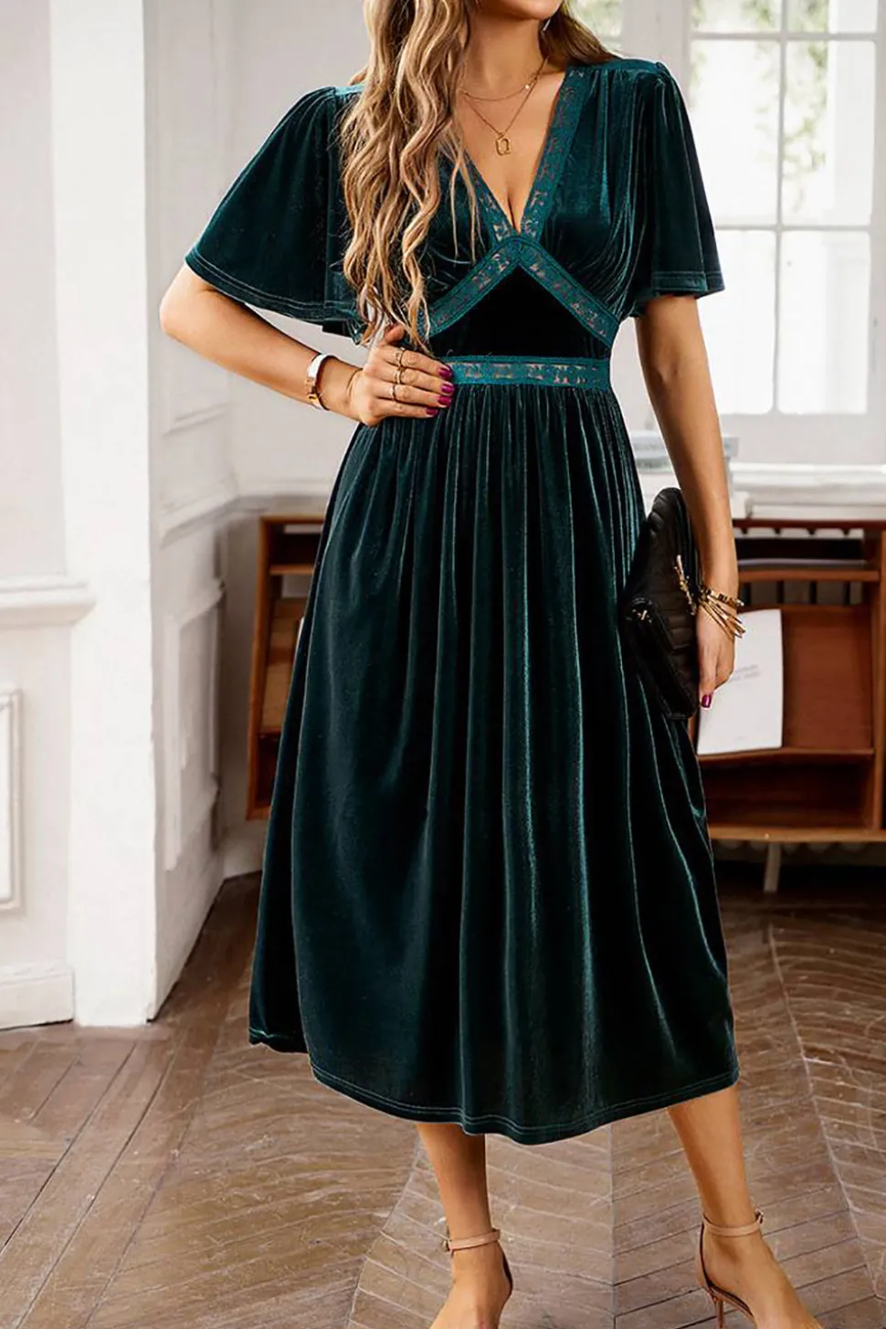 Veludo V-neck Uma linha de vestido de festa de férias