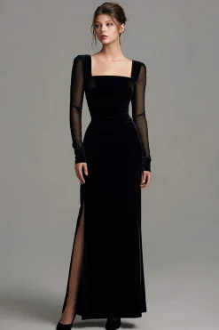 Velvet preto longo fenda vestido formal com mangas longas