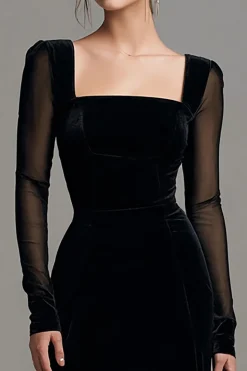Velvet preto longo fenda vestido formal com mangas longas