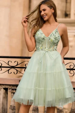 Verde A Line Appliqued Corset Homecoming Dress