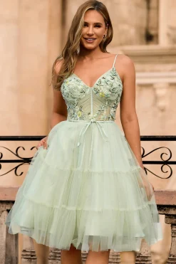 Verde A Line Appliqued Corset Homecoming Dress