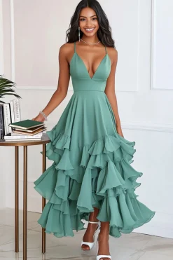 Verde A Line Chiffon Esparguete Correias Vestido Formal Longo com Folhos