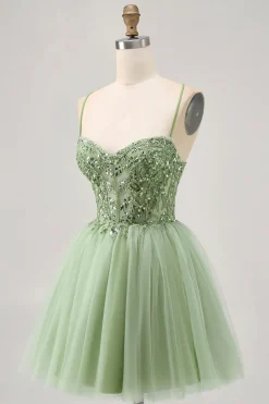 Verde A Line Corset Short Homecoming Dress com Appliques
