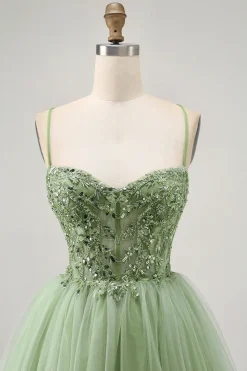 Verde A Line Corset Short Homecoming Dress com Appliques