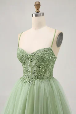 Verde A Line Corset Short Homecoming Dress com Appliques