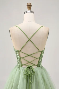 Verde A Line Corset Short Homecoming Dress com Appliques