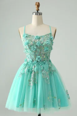 Verde A Line Sequins Corset Vestido Curto Tule Homecoming com Apliques