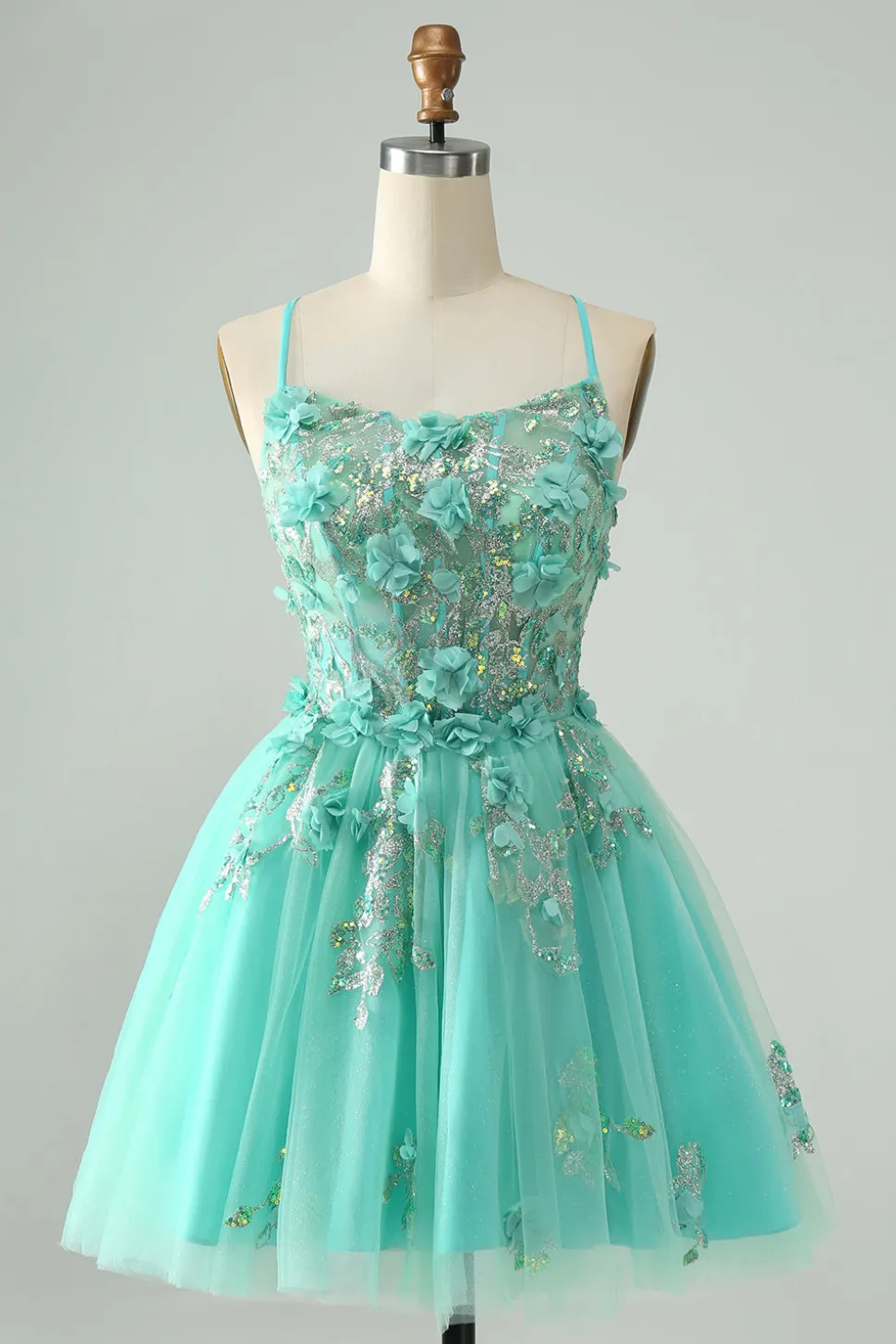 Verde A Line Sequins Corset Vestido Curto Tule Homecoming com Apliques
