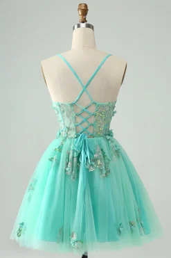 Verde A Line Sequins Corset Vestido Curto Tule Homecoming com Apliques