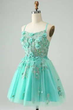 Verde A Line Sequins Corset Vestido Curto Tule Homecoming com Apliques