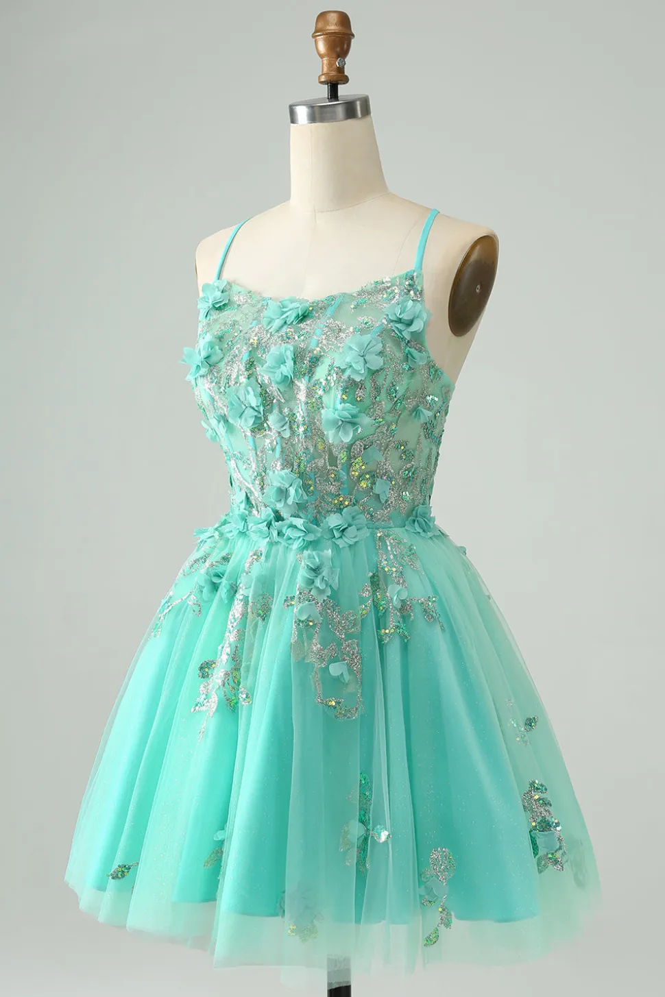 Verde A Line Sequins Corset Vestido Curto Tule Homecoming com Apliques