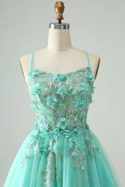 Verde A Line Sequins Corset Vestido Curto Tule Homecoming com Apliques