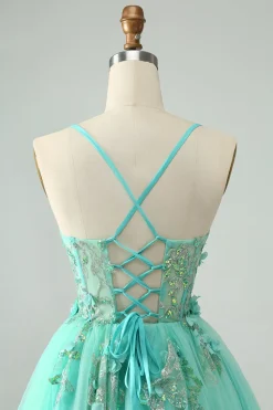 Verde A Line Sequins Corset Vestido Curto Tule Homecoming com Apliques