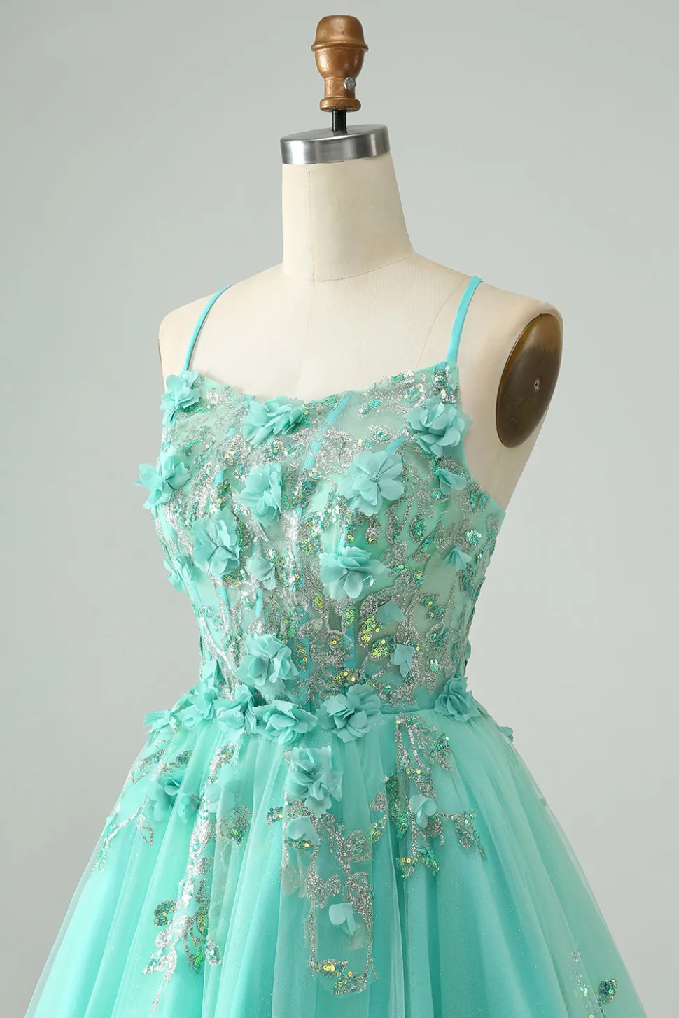 Verde A Line Sequins Corset Vestido Curto Tule Homecoming com Apliques