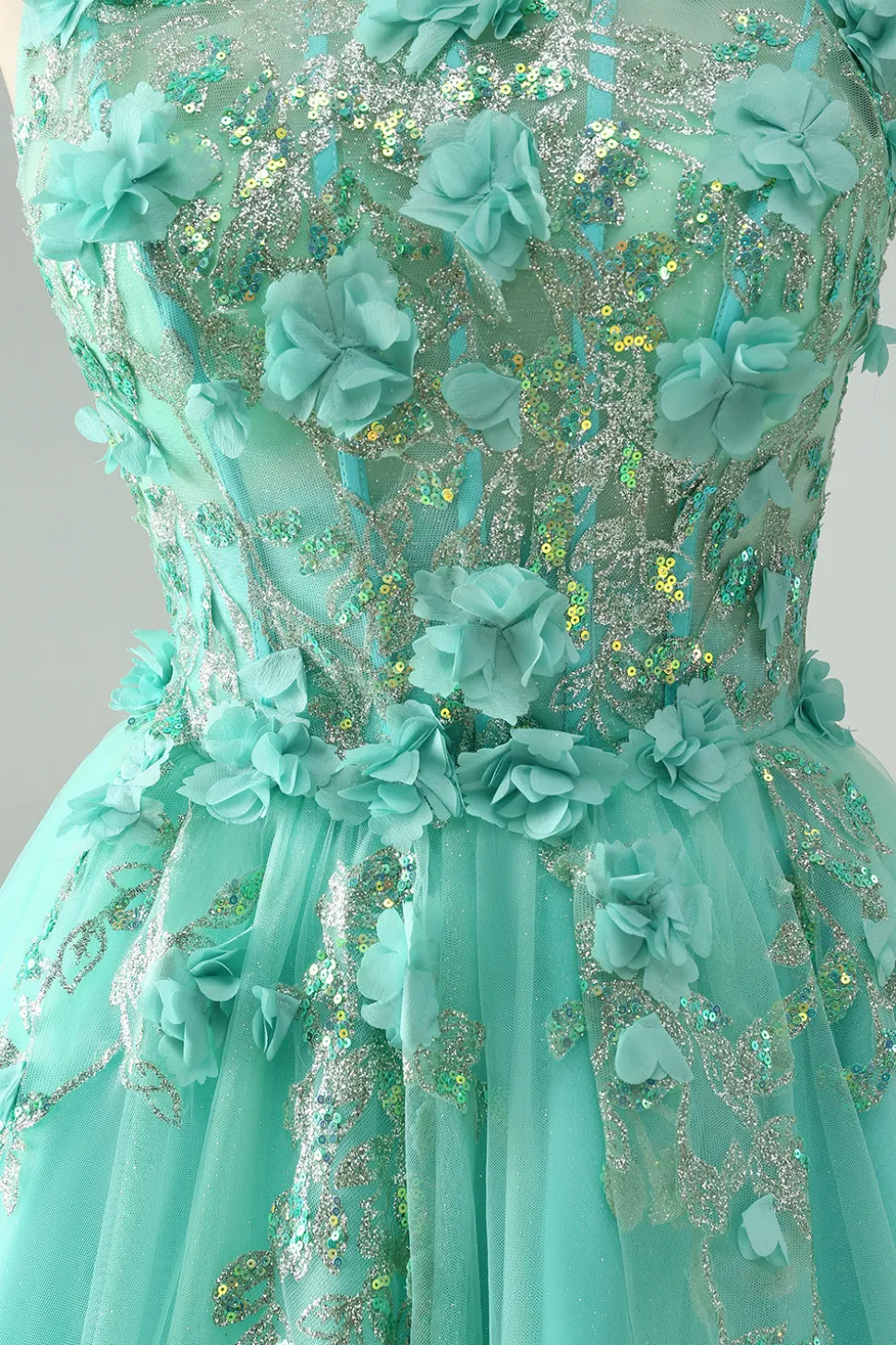 Verde A Line Sequins Corset Vestido Curto Tule Homecoming com Apliques