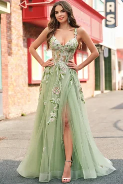 Verde A Line Tulle Sequin Applique Corset Long Prom Dress with Slit