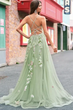 Verde A Line Tulle Sequin Applique Corset Long Prom Dress with Slit