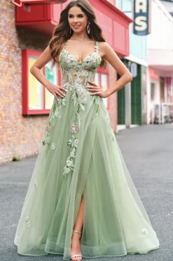 Verde A Line Tulle Sequin Applique Corset Long Prom Dress with Slit