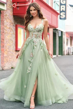 Verde A Line Tulle Sequin Applique Corset Long Prom Dress with Slit