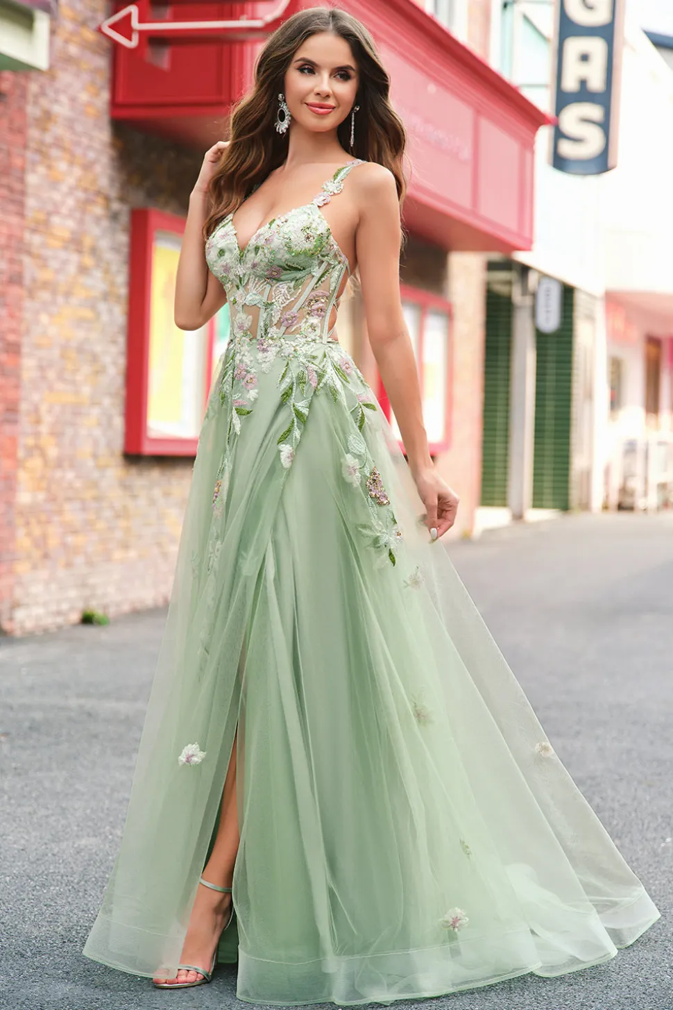 Verde A Line Tulle Sequin Applique Corset Long Prom Dress with Slit