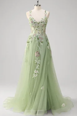 Verde A Line Tulle Sequin Applique Corset Long Prom Dress with Slit
