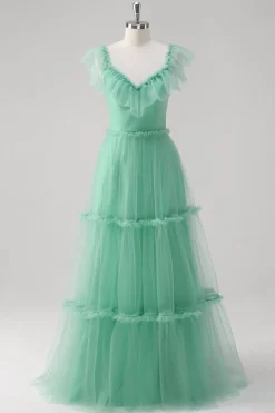 Verde A Line V-Neck Tiered Tule Vestido Madrinha