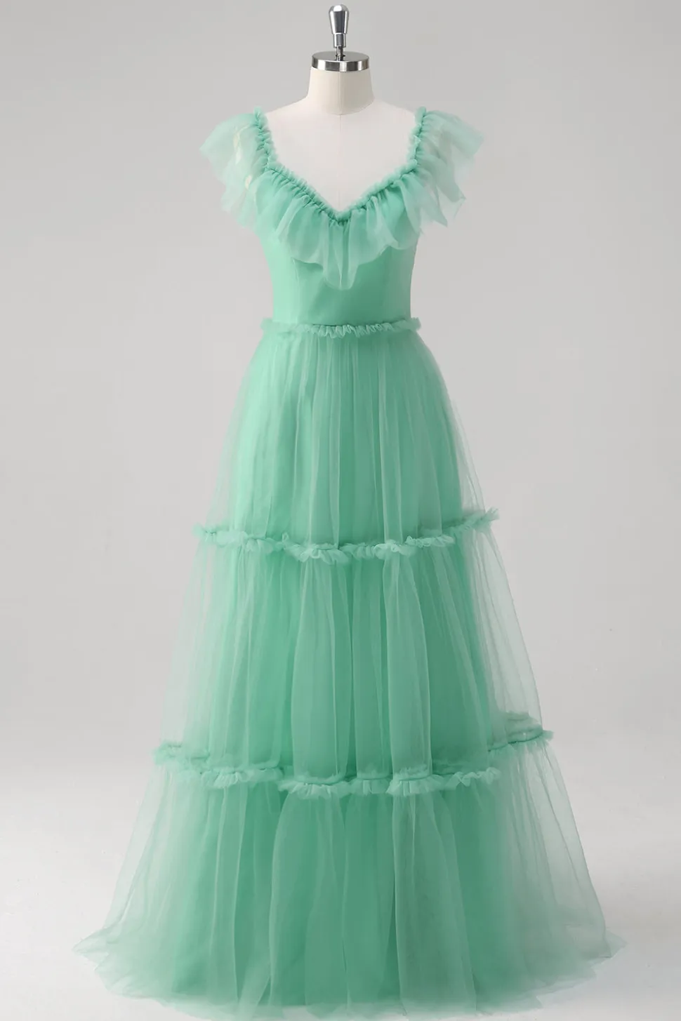 Verde A Line V-Neck Tiered Tule Vestido Madrinha