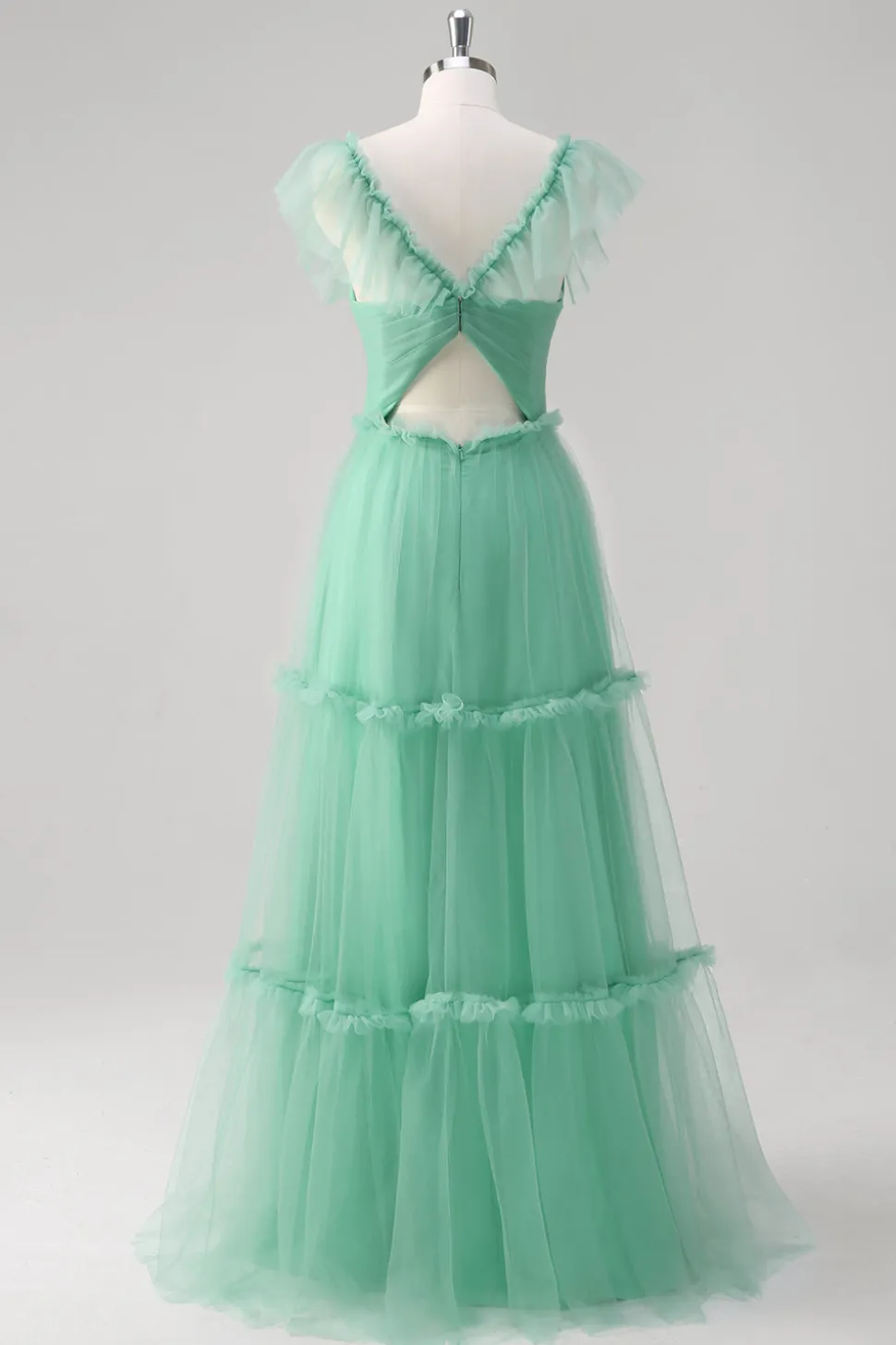 Verde A Line V-Neck Tiered Tule Vestido Madrinha
