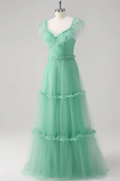 Verde A Line V-Neck Tiered Tule Vestido Madrinha