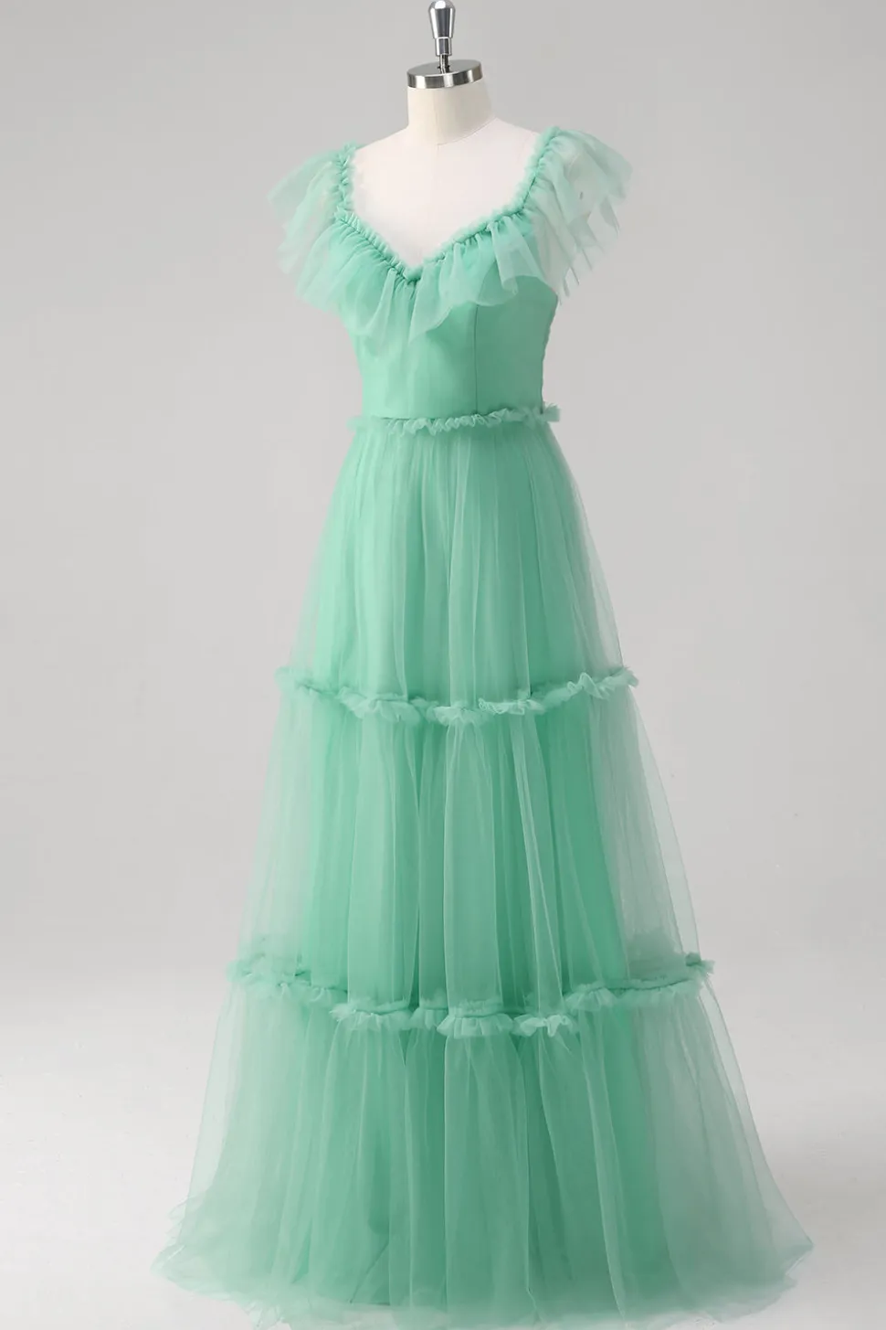 Verde A Line V-Neck Tiered Tule Vestido Madrinha