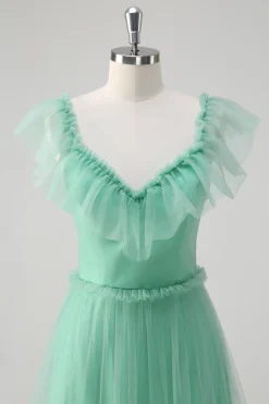 Verde A Line V-Neck Tiered Tule Vestido Madrinha