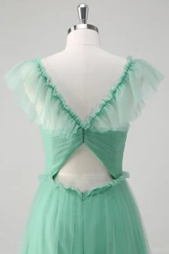 Verde A Line V-Neck Tiered Tule Vestido Madrinha