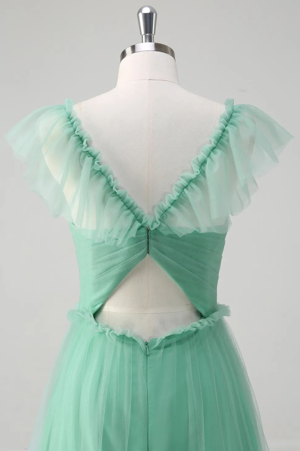Verde A Line V-Neck Tiered Tule Vestido Madrinha
