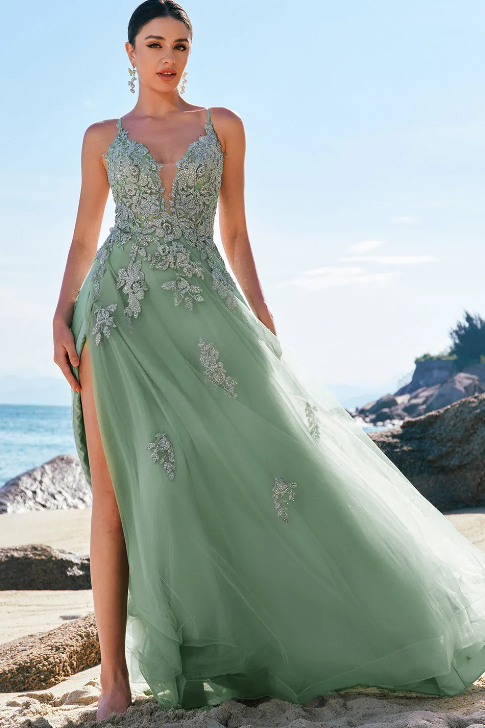 Verde A-Line Espaghetti Correias Tulle Long Prom Dress com Criss Cross Back