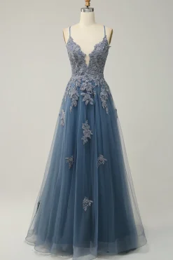 Verde A-Line Espaghetti Correias Tulle Long Prom Dress com Criss Cross Back