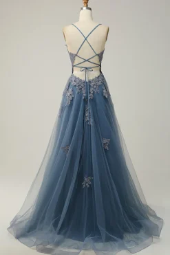 Verde A-Line Espaghetti Correias Tulle Long Prom Dress com Criss Cross Back