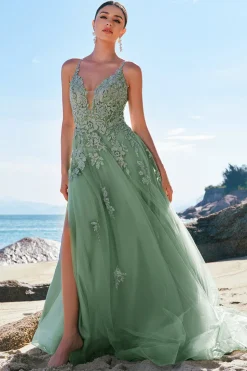 Verde A-Line Espaghetti Correias Tulle Long Prom Dress com Criss Cross Back